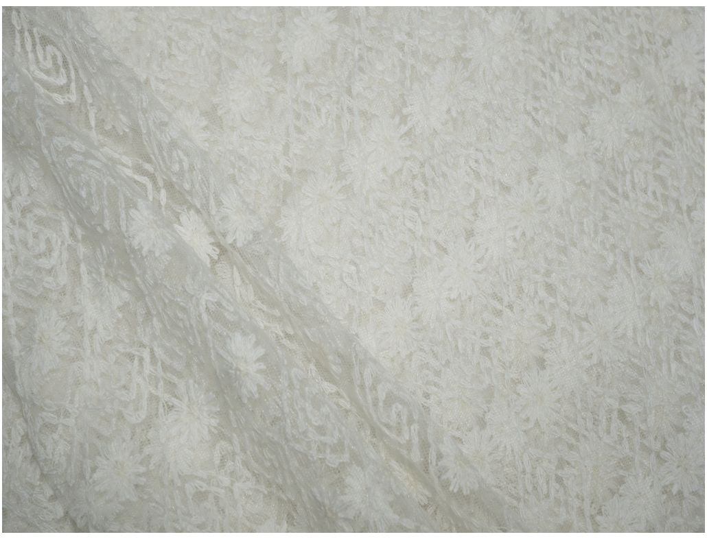 White Dyeable Floral Abstract Embroidered Net Fabric - Siyani Clothing India