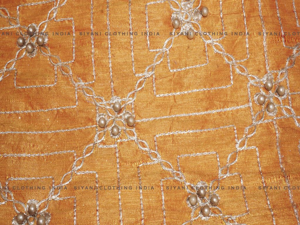 Orange Thread And Motifs Embroidered Silk Fabric - Siyani Clothing India