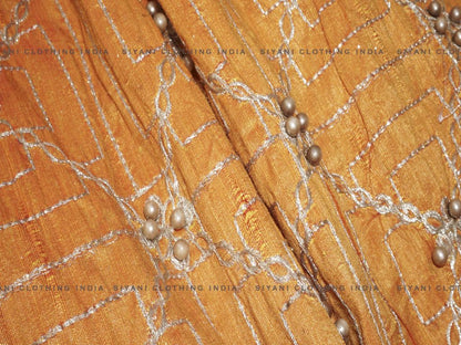 Orange Thread And Motifs Embroidered Silk Fabric - Siyani Clothing India