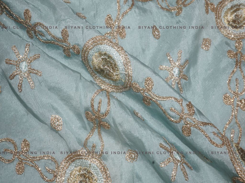 Sky Blue Gota Embroidered Silk Fabric - Siyani Clothing India