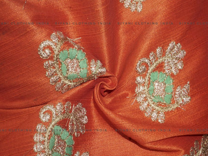 Siyani Dark Orange Gota Embroidered Silk Fabric