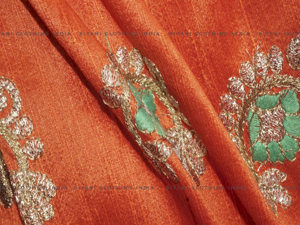 Dark Orange Gota Embroidered Silk Fabric - Siyani Clothing India