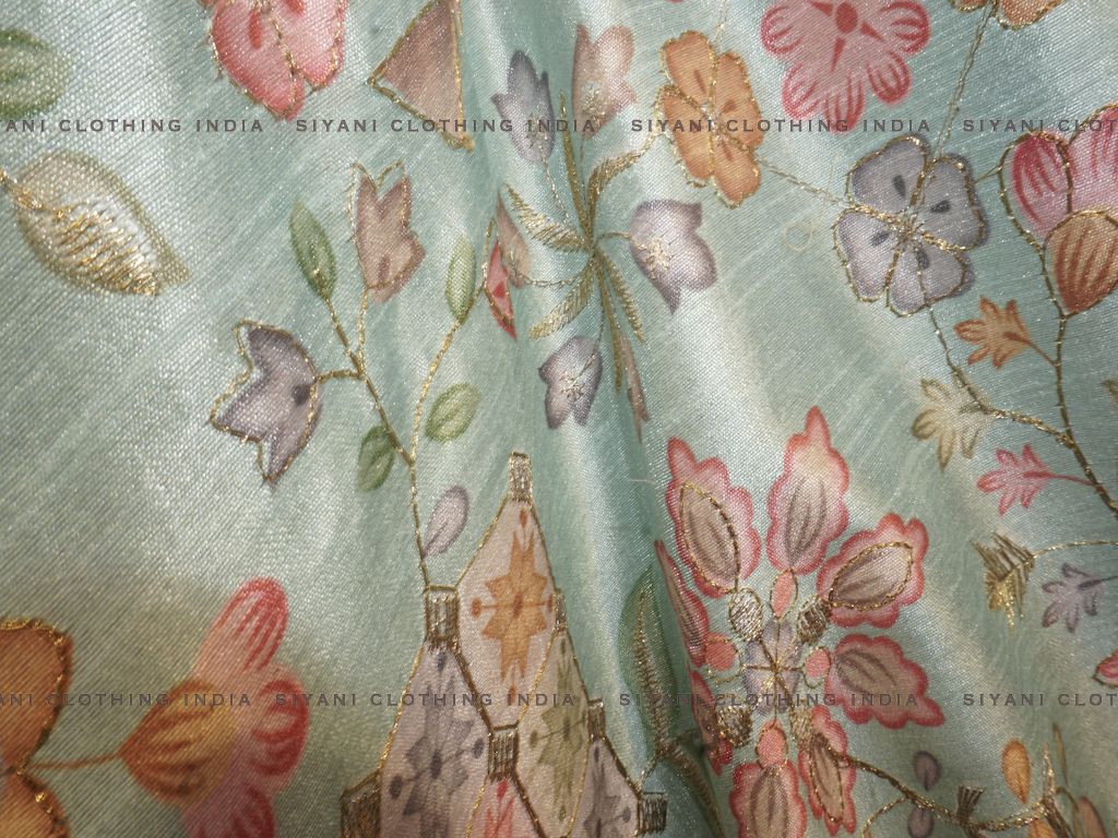 Light Blue Floral Pattern Embroidered Silk Fabric - Siyani Clothing India