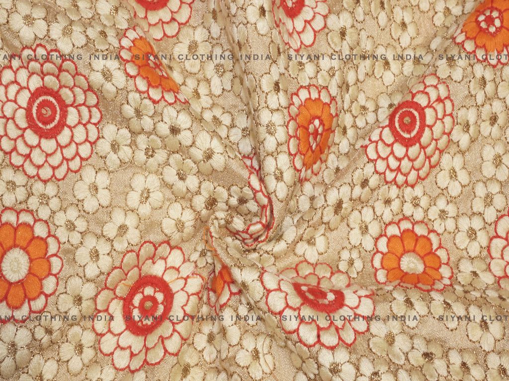 Siyani Cream Thread And Floral Embroidered Silk Fabric