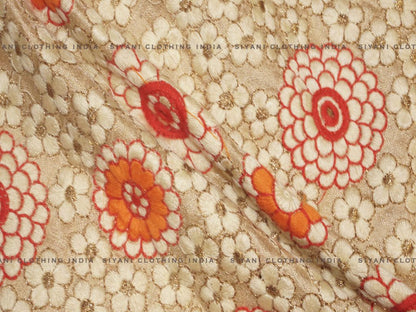 Cream Thread And Floral Embroidered Silk Fabric - Siyani Clothing India