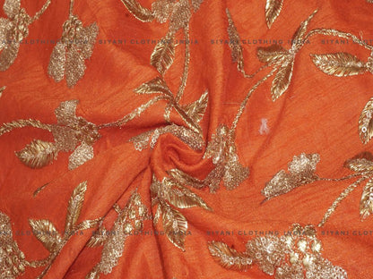 Siyani Orange Floral Gota Embroidered Silk Fabric