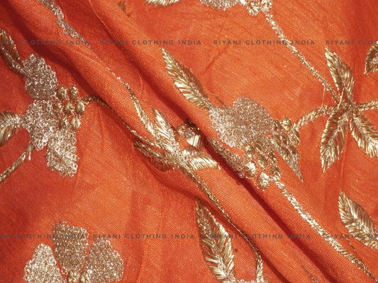 Orange Floral Gota Embroidered Silk Fabric - Siyani Clothing India