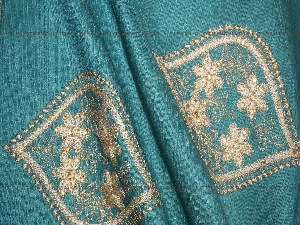 Dark Green Kalash Pattern Thread Embroidered Silk Fabric - Siyani Clothing India