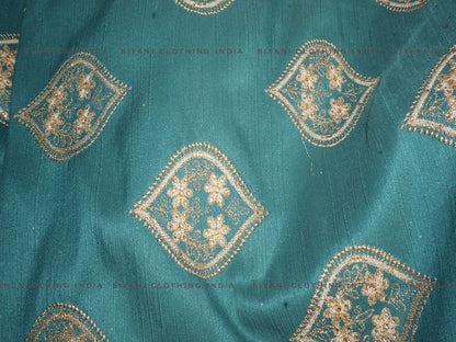 Dark Green Kalash Pattern Thread Embroidered Silk Fabric - Siyani Clothing India