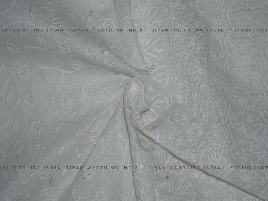 Siyani White Poly Cotton Chikankari Embroidered Fabric