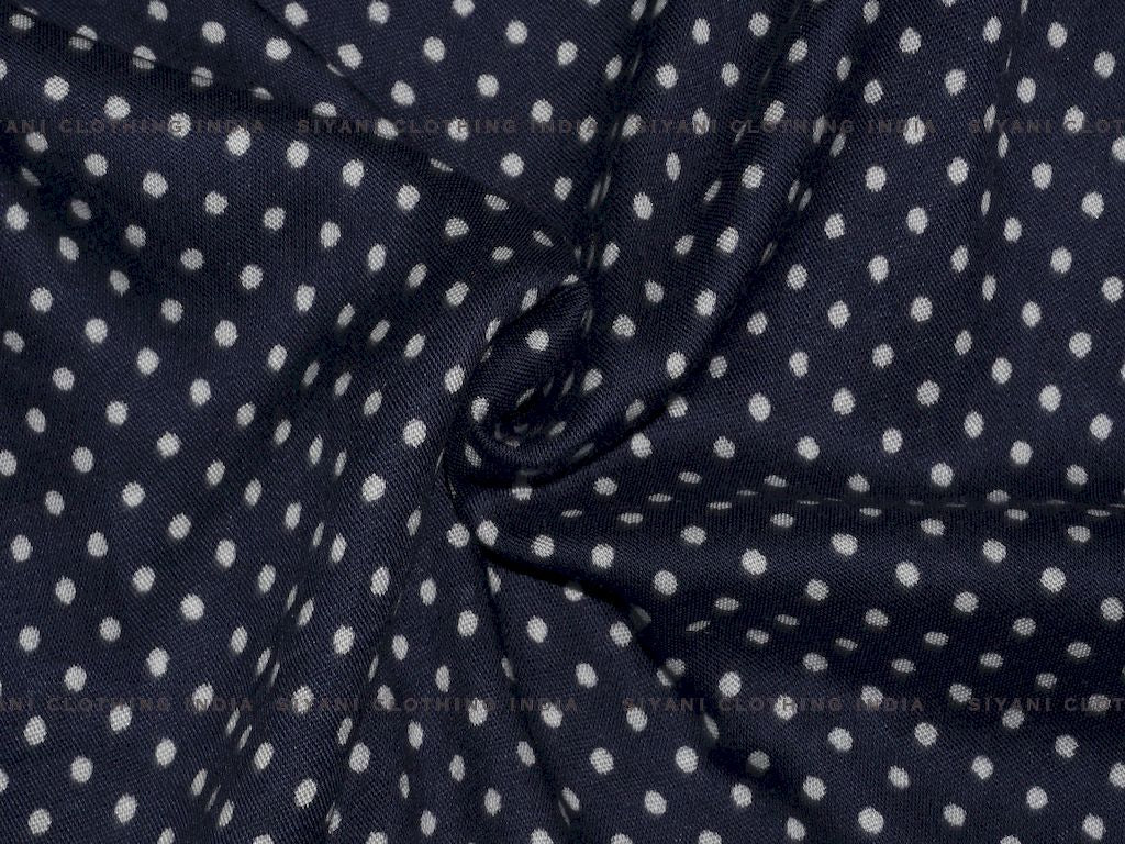 Siyani Navy Blue Polka Dots Printed Rayon Fabric