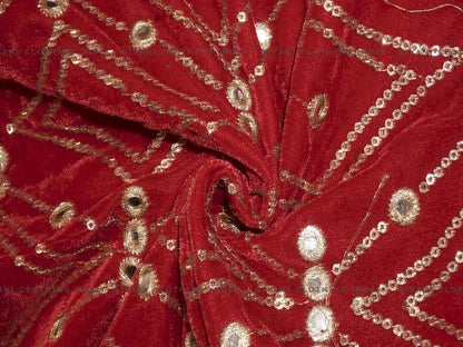 Siyani Red Mirror And Sequins Embroidered Velvet Fabric