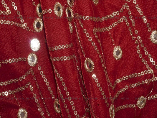 Red Mirror And Sequins Embroidered Velvet Fabric - Siyani Clothing India
