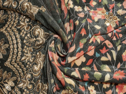 Siyani Dark Green Floral Printed And Zari Embroidered Velvet Fabric