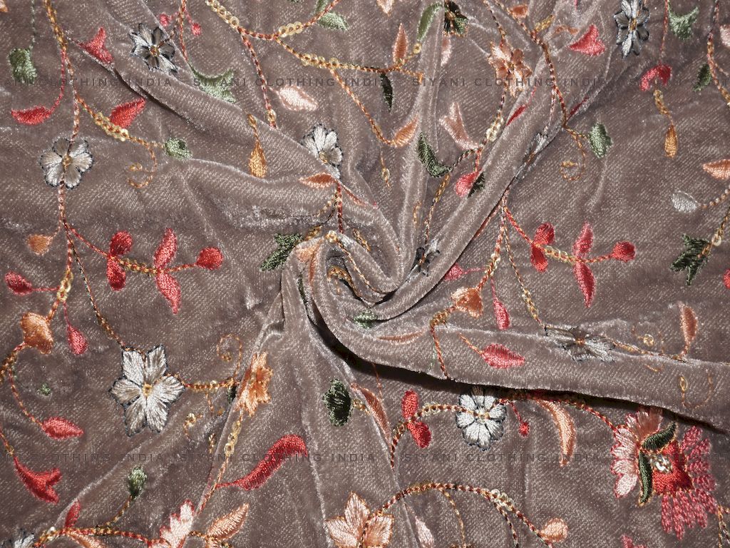 Siyani Grey Floral Embroidered Velvet Fabric