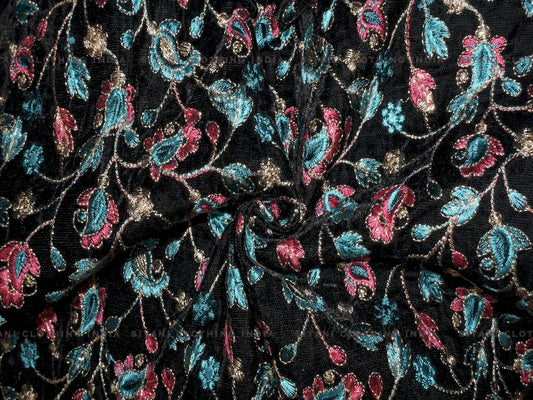 Siyani Black Multicolor Floral Thread Embroidered Velvet Fabric