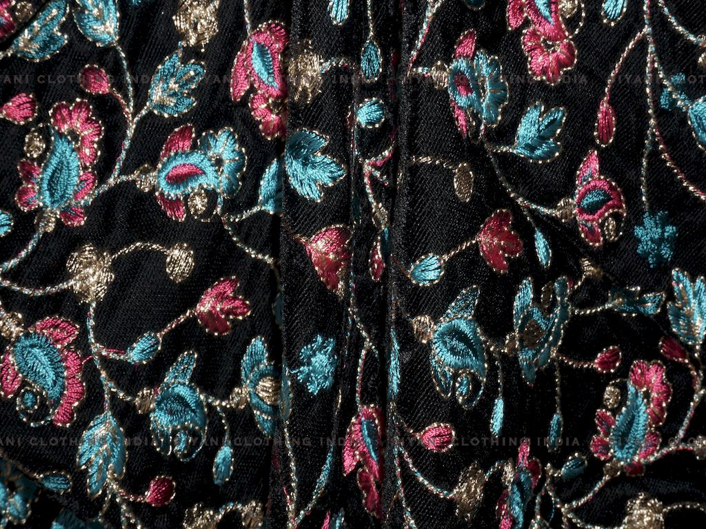 Black Multicolor Floral Thread Embroidered Velvet Fabric - Siyani Clothing India