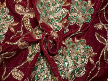 Siyani Red Zari And Thread Embroidered Velvet Fabric