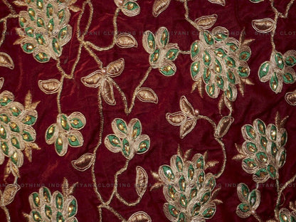 Red Zari And Thread Embroidered Velvet Fabric - Siyani Clothing India