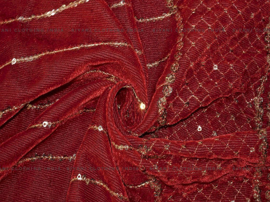 Siyani Red Sequins With Border Embroidered Velvet Fabric