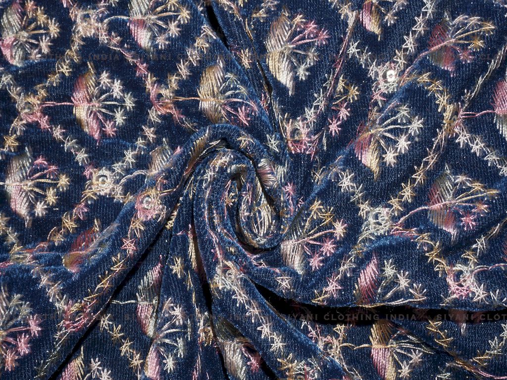 Siyani Royal Blue Thread Embroidered Velvet Fabric