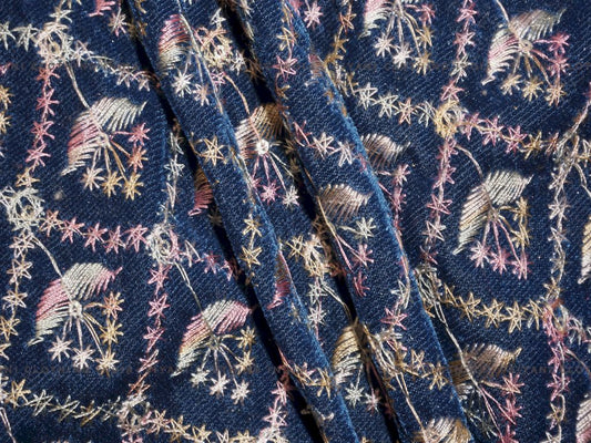 Royal Blue Thread Embroidered Velvet Fabric - Siyani Clothing India