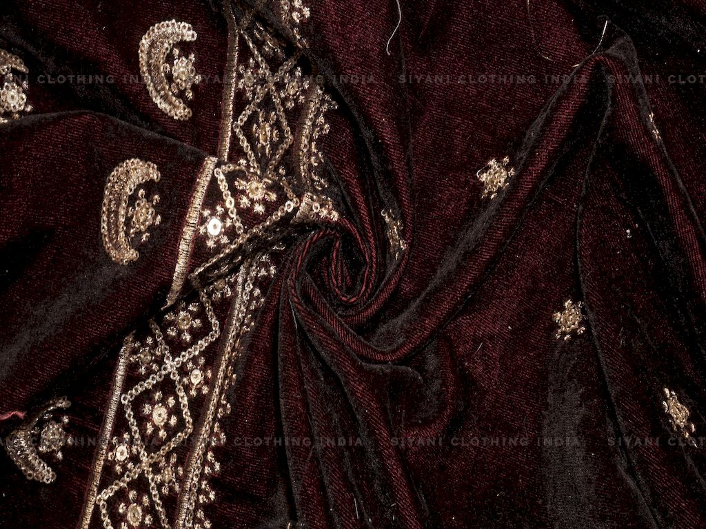 Siyani Maroon Border And Gota Embroidered Velvet Fabric