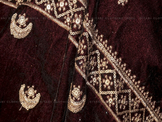 Maroon Border And Gota Embroidered Velvet Fabric - Siyani Clothing India