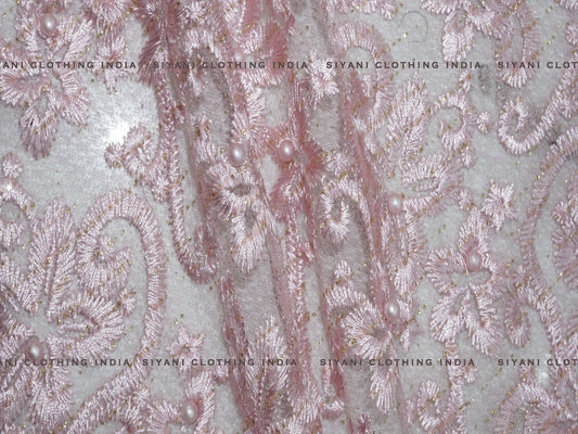 Pink Thread And Pearl Embroidered Net Fabric - Siyani Clothing India