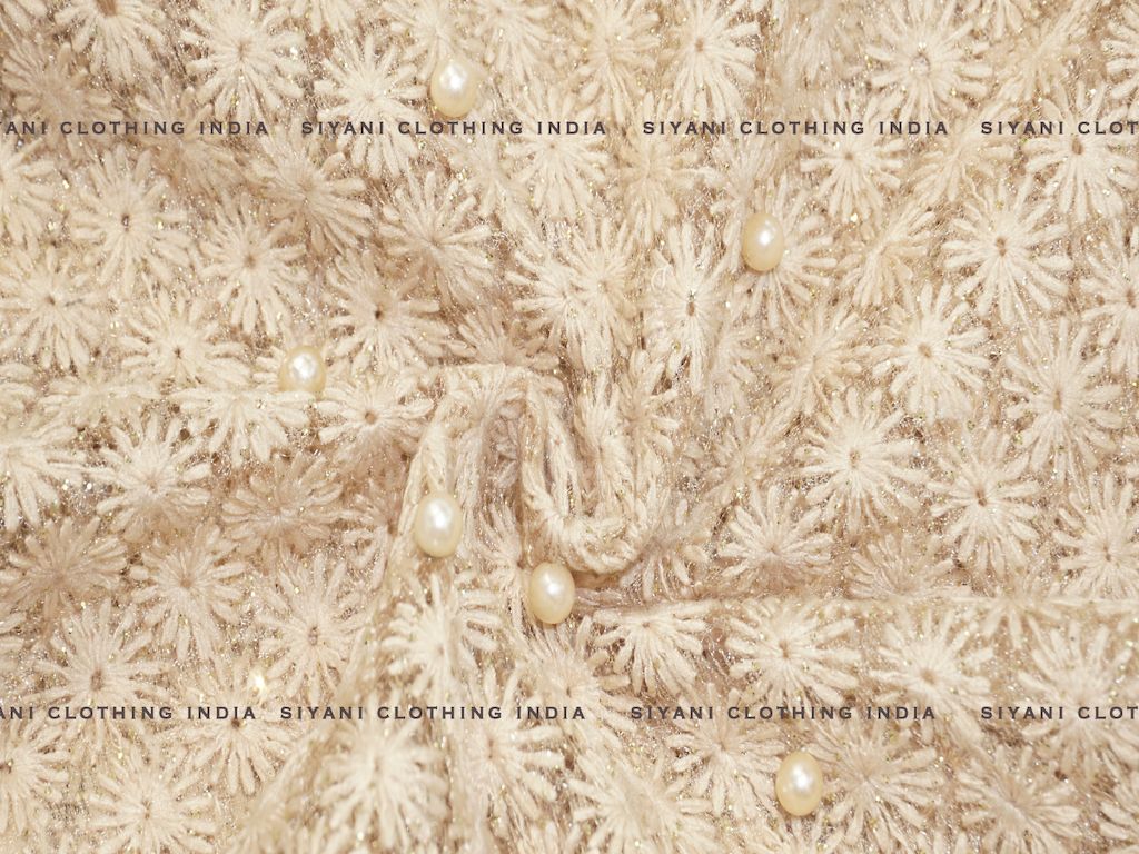Siyani Golden Thread And Pearl Embroidered Net Fabric