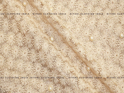 Golden Thread And Pearl Embroidered Net Fabric - Siyani Clothing India