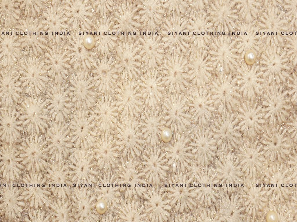 Golden Thread And Pearl Embroidered Net Fabric - Siyani Clothing India