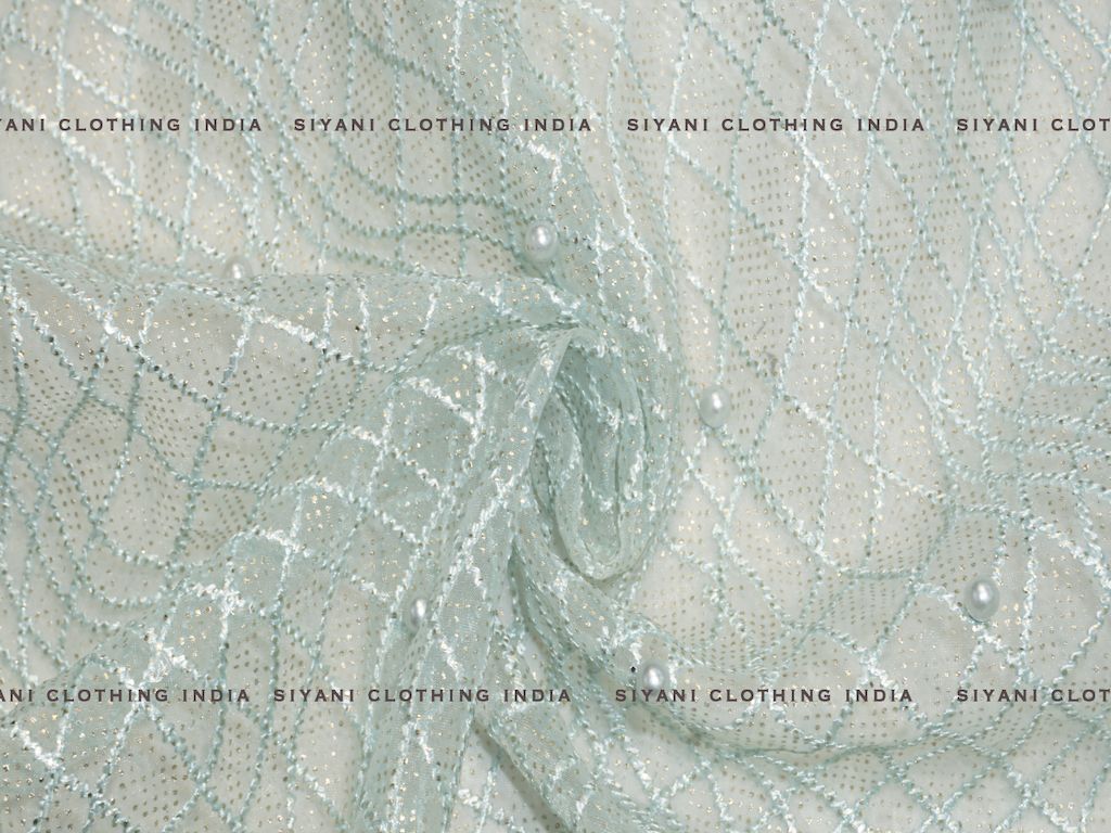 Siyani Sky Blue Geomatric Pattern Thread And Pearl Embroidered Net Fabric