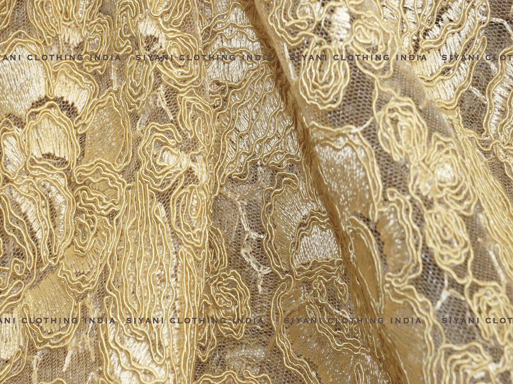 Mustard Thread Embroidered Net Fabric - Siyani Clothing India