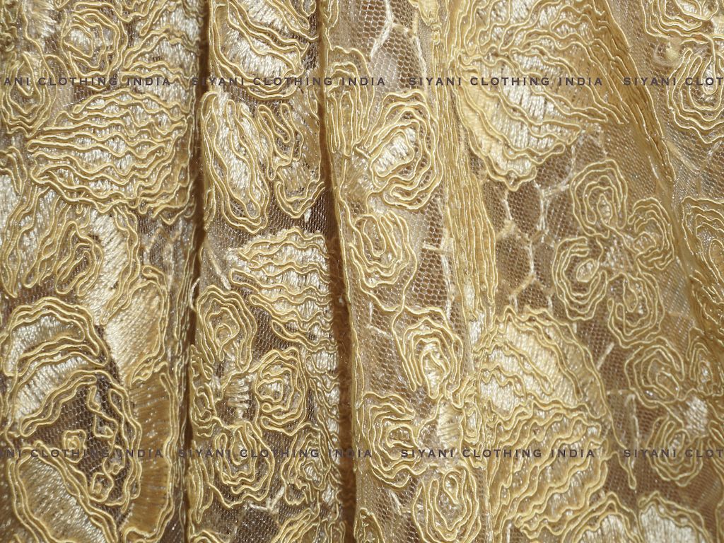 Mustard Thread Embroidered Net Fabric - Siyani Clothing India