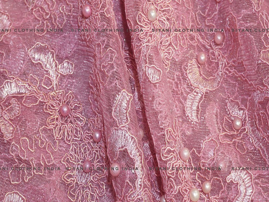Pink Pearl And Floral Thread Embroidered Net Fabric - Siyani Clothing India