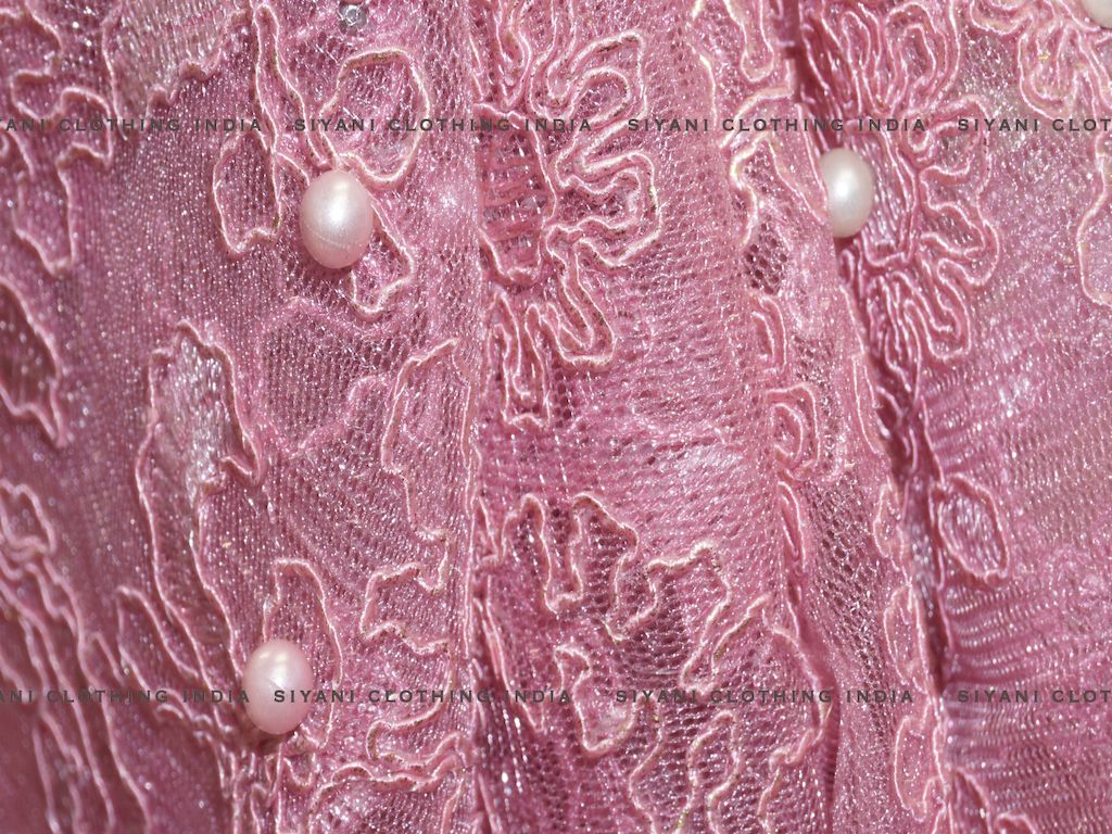 Pink Pearl And Floral Thread Embroidered Net Fabric - Siyani Clothing India