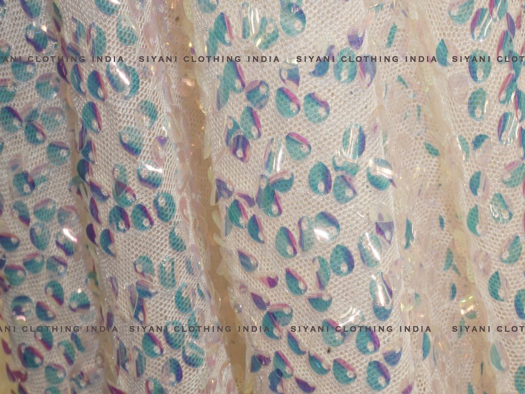 Off White Sequins Embroidered Lycra Net Fabric - Siyani Clothing India