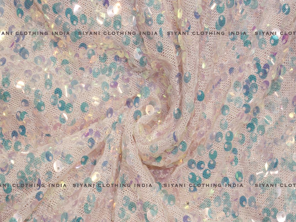 Siyani Peach Sequins Embroidered Lycra Net Fabric