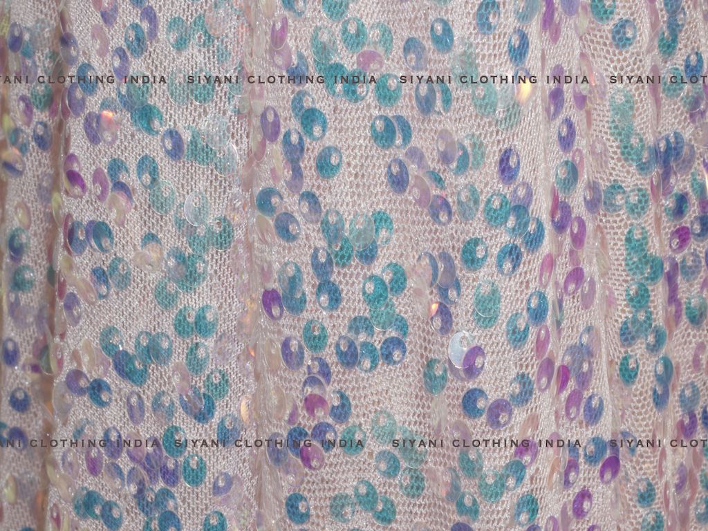 Peach Sequins Embroidered Lycra Net Fabric - Siyani Clothing India