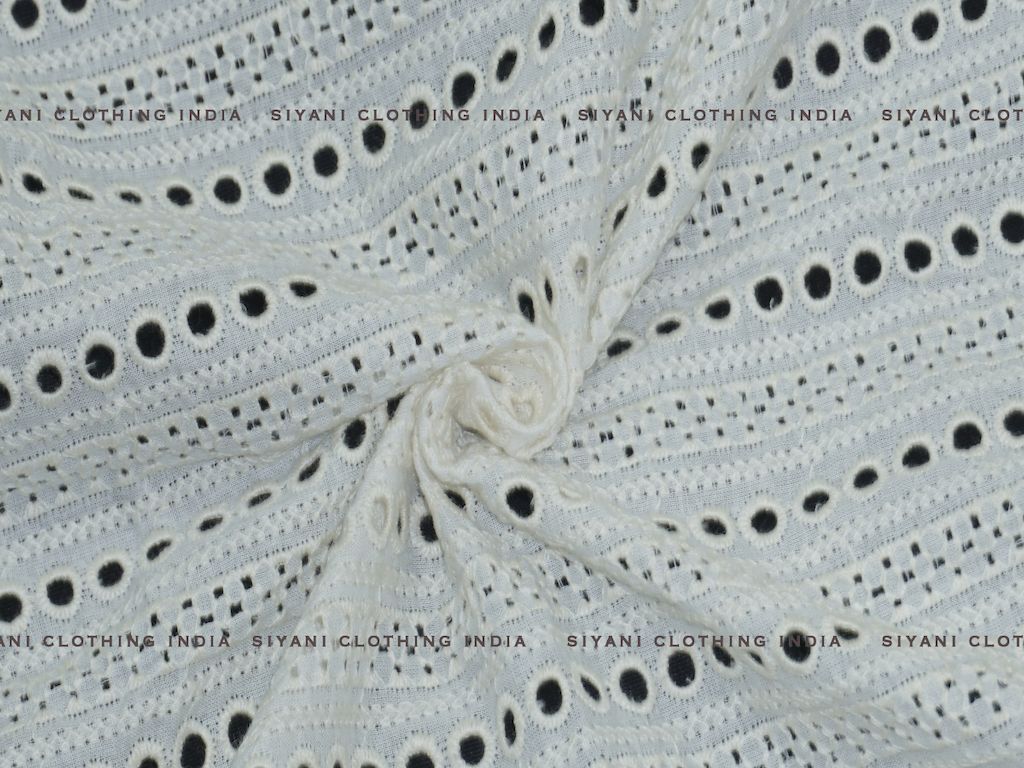 Siyani Kora Cotton Dyeable Cutwork Holes And Stripes Chikankari Embroidered Fabric