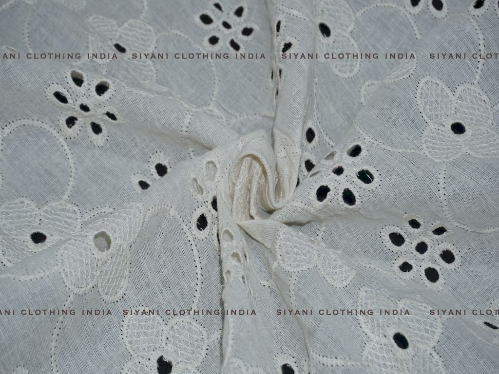 Siyani Kora Cotton Dyeable Cutwork Flowers And Thread Chikankari Embroidered Fabric