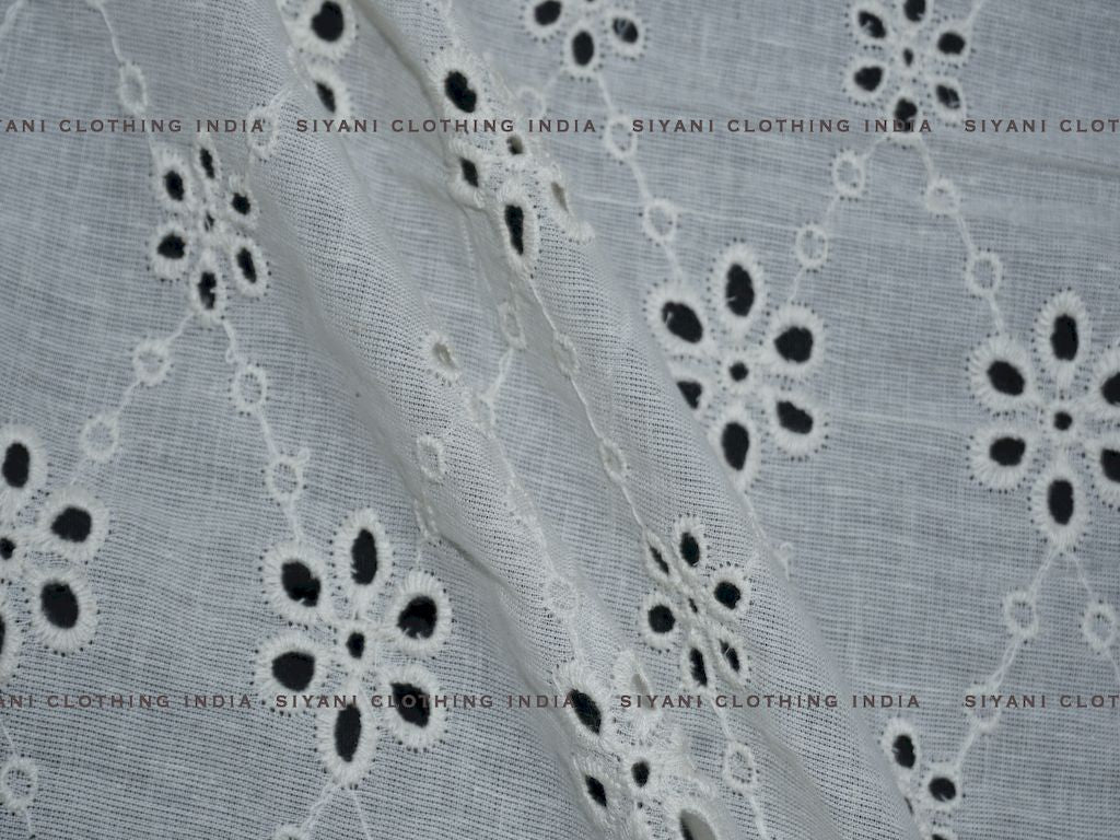 Kora Cotton Dyeable Cutwork Floral Chain Pattern Chikankari Embroidered Fabric - Siyani Clothing India
