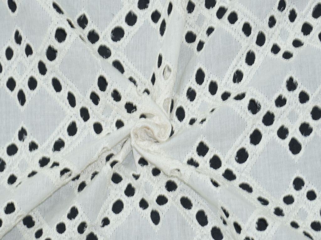 Siyani Kora Cotton Dyeable Cutwork Polygon Pattern Chikankari Schiffli Embroidered Fabric