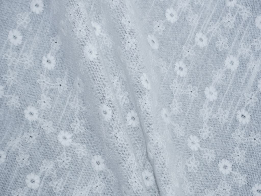 White Cotton Dyeable Small Floral Pattern Chikankari Schiffli Embroidered Fabric - Siyani Clothing India