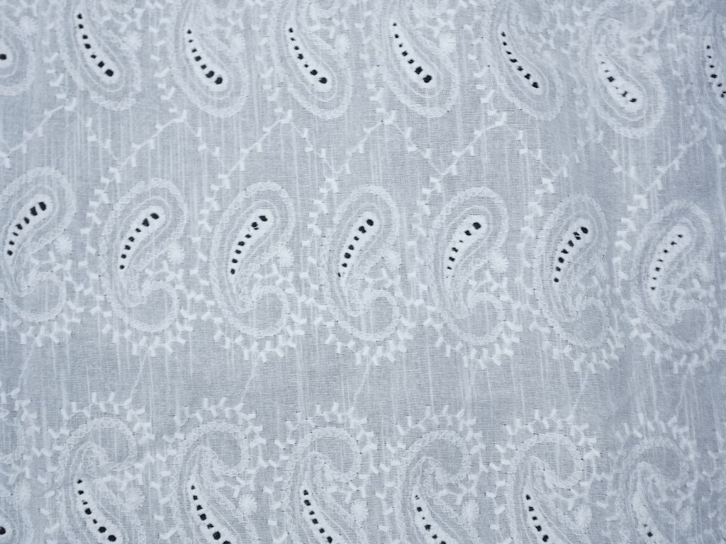 White Cotton Dyeable Cutwork Kalash Pattern Chikankari Schiffli Embroidered Fabric - Siyani Clothing India