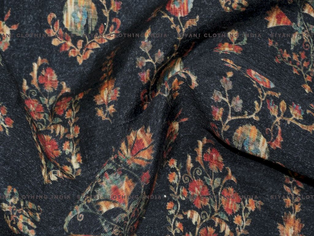 Black Floral Printed Raw Silk Fabric - Siyani Clothing India