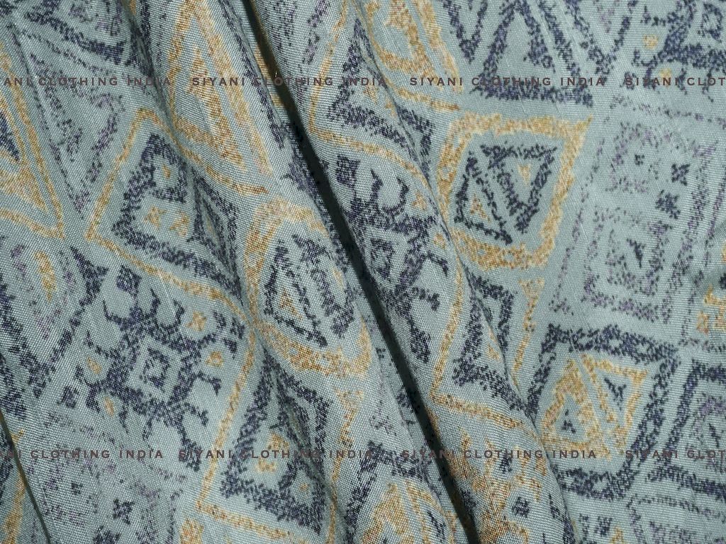 Ice Blue Geomatric Print Raw Silk Fabric - Siyani Clothing India
