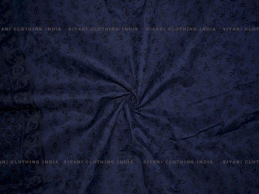 Siyani Navy Blue Poly Cotton Floral And Border Design Chikankari Embroidered Fabric