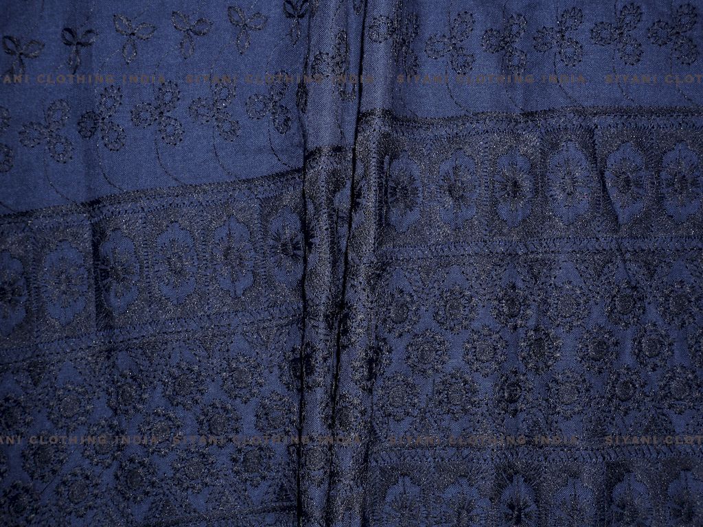 Navy Blue Poly Cotton Floral And Border Design Chikankari Embroidered Fabric - Siyani Clothing India